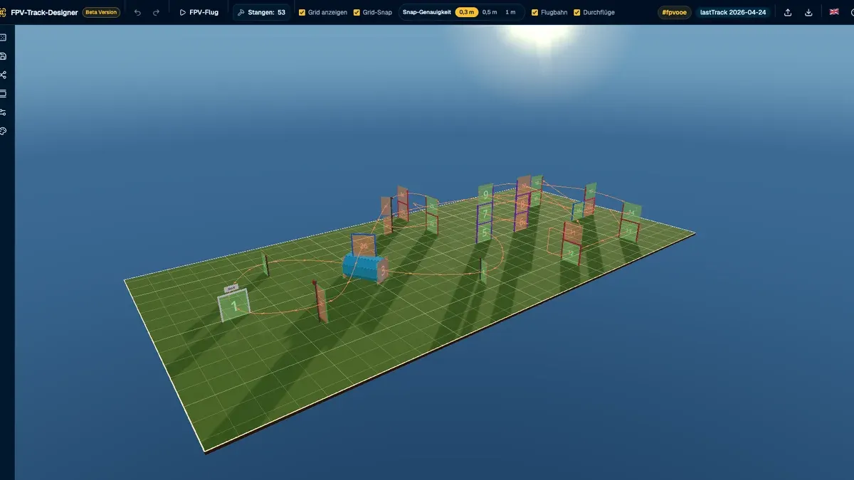 3D view of the FPV Track Designer showing an FPV race track with gates and the highlighted flight path