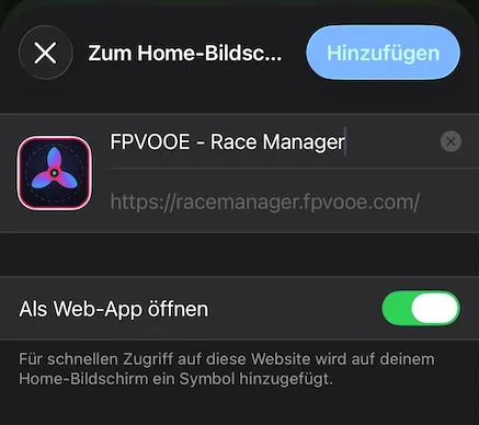 iPhone-Dialog zum Hinzufügen des FPVOOE Race Managers zum Home-Bildschirm mit aktivierter Option „Als Web-App öffnen“